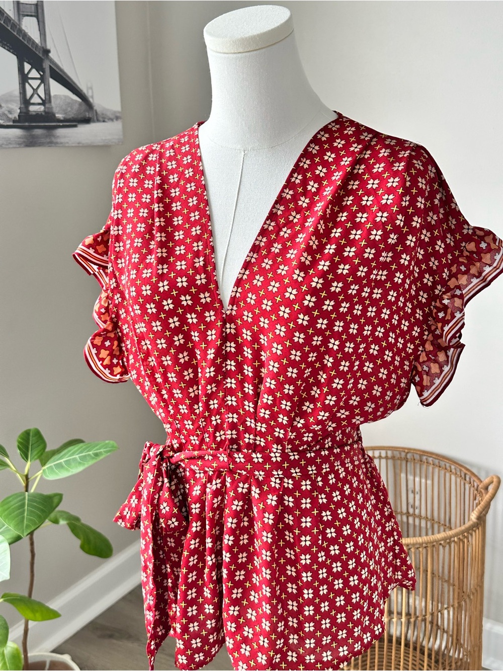 Max Studio Red Floral Wrap-Style Midi Dress